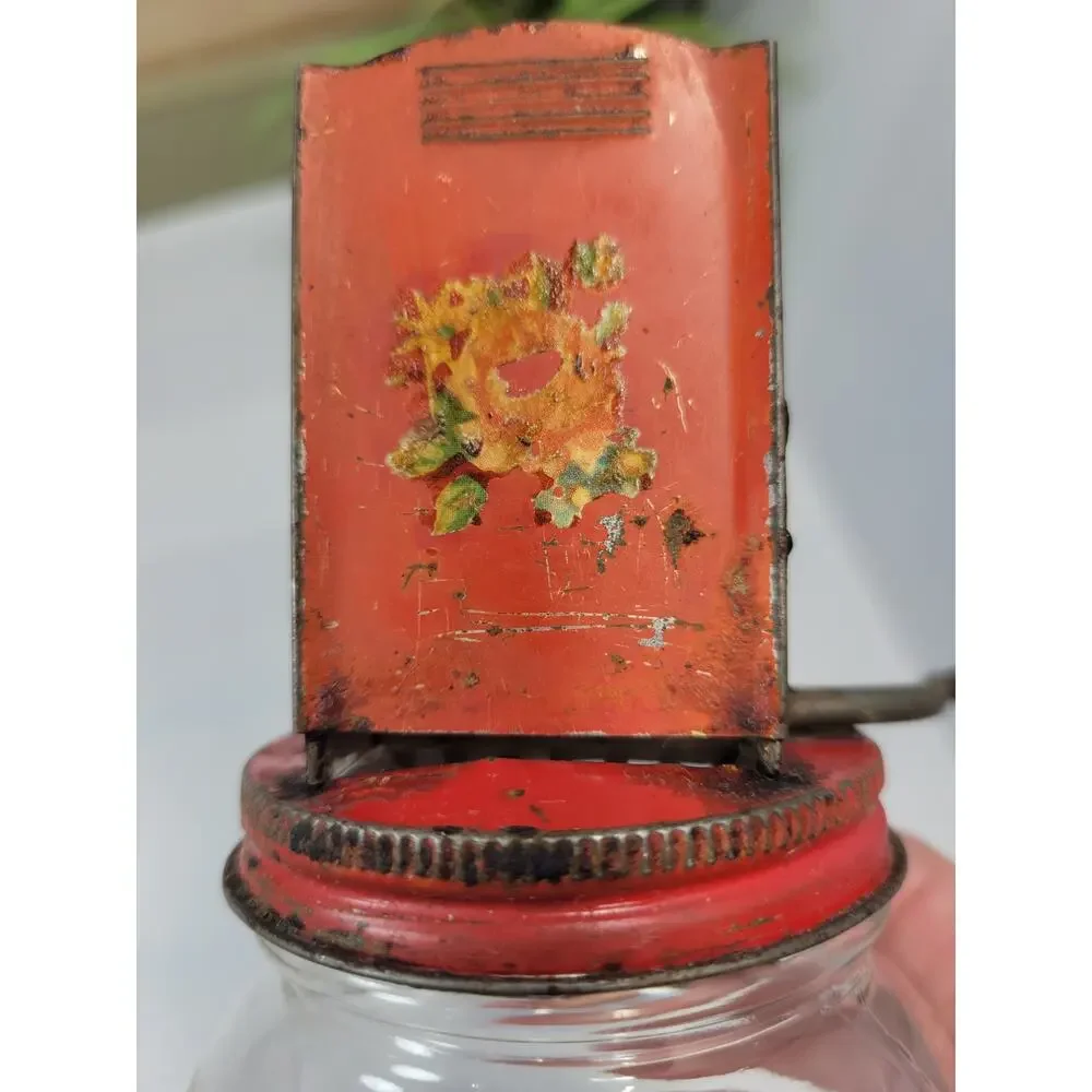 Vintage Hazel Atlas Androck Nut Chopper Grinder Red Floral Glass Kitchen Jar